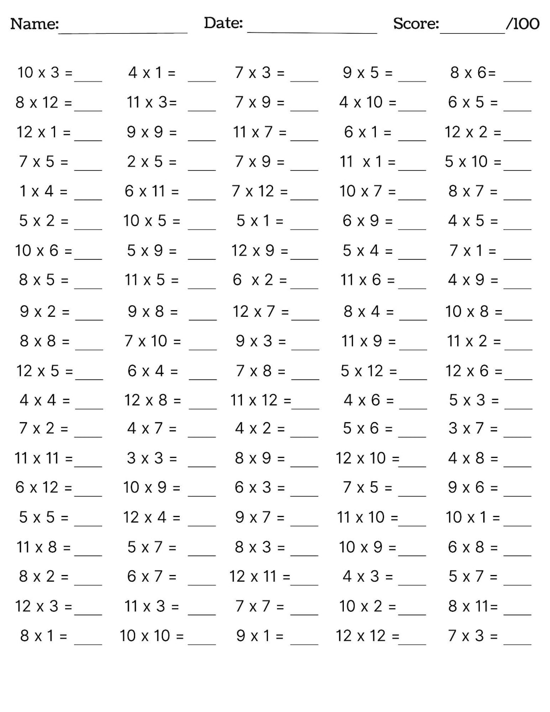 10 Printable Multiplication Worksheets Fill In The Blanks Single Digit Multiplication Numbers 1 12 Maths Drills Answers Included Etsy Finland