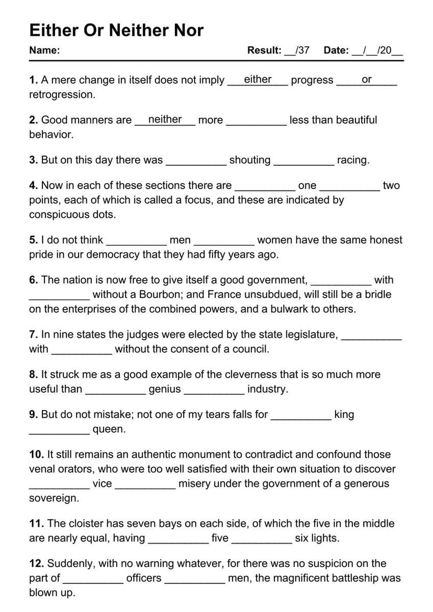 Either Or Neither Nor Worksheet Worksheets Library