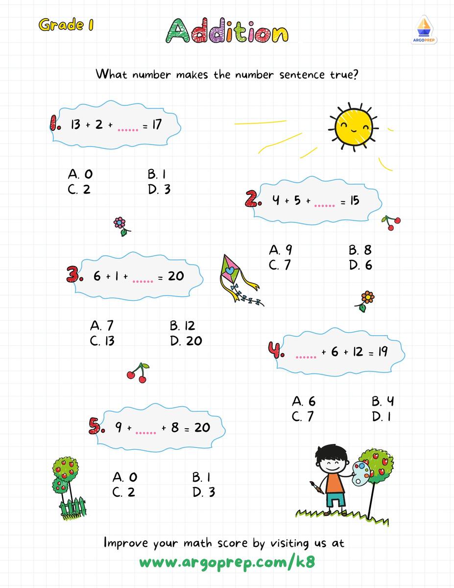 1st Grade Subtraction Add 3 Single Digit Number Worksheets For Free ArgoPrep