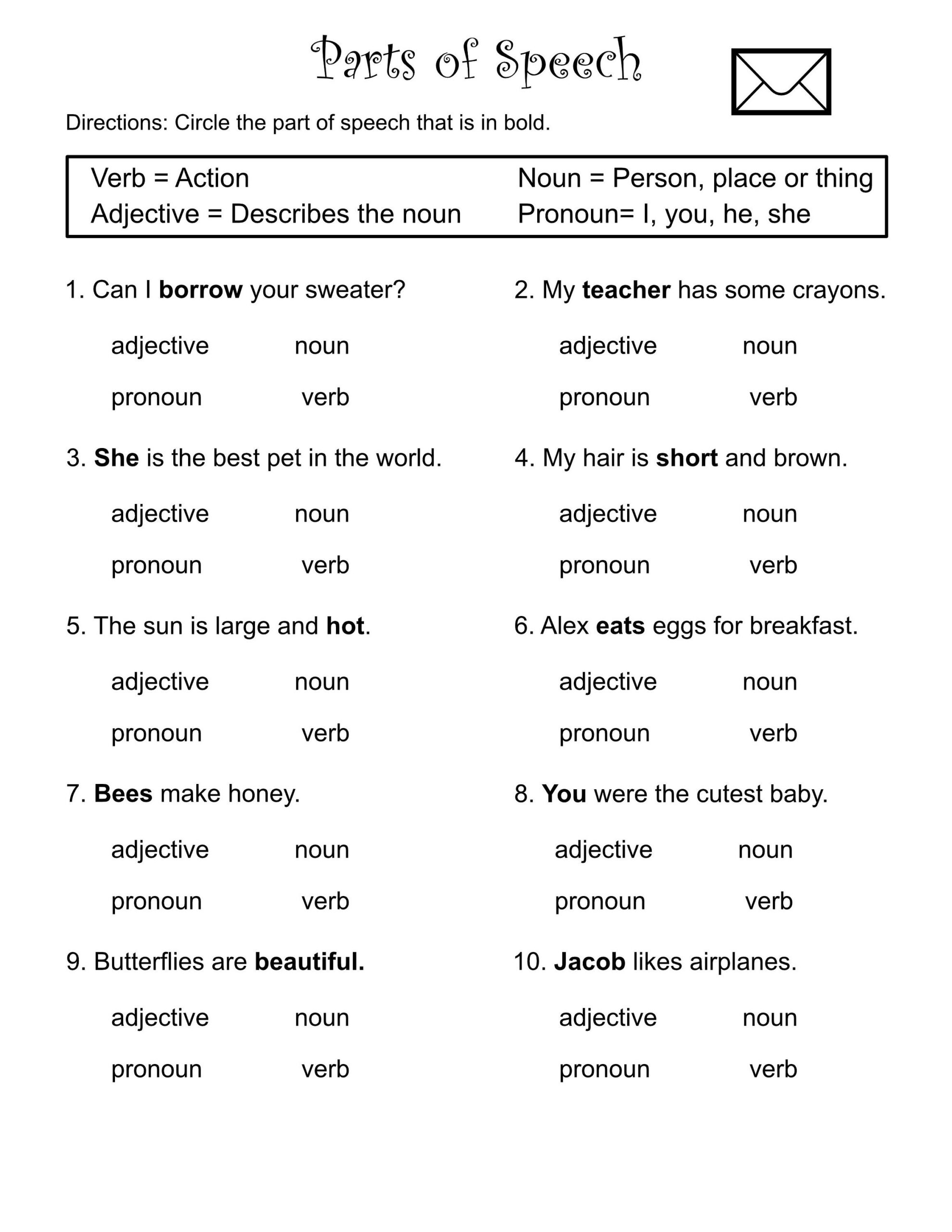 1st Through 3rd Grade Parts Of Speech Worksheets Verbs Nouns Adjectives Pronouns Printable Etsy