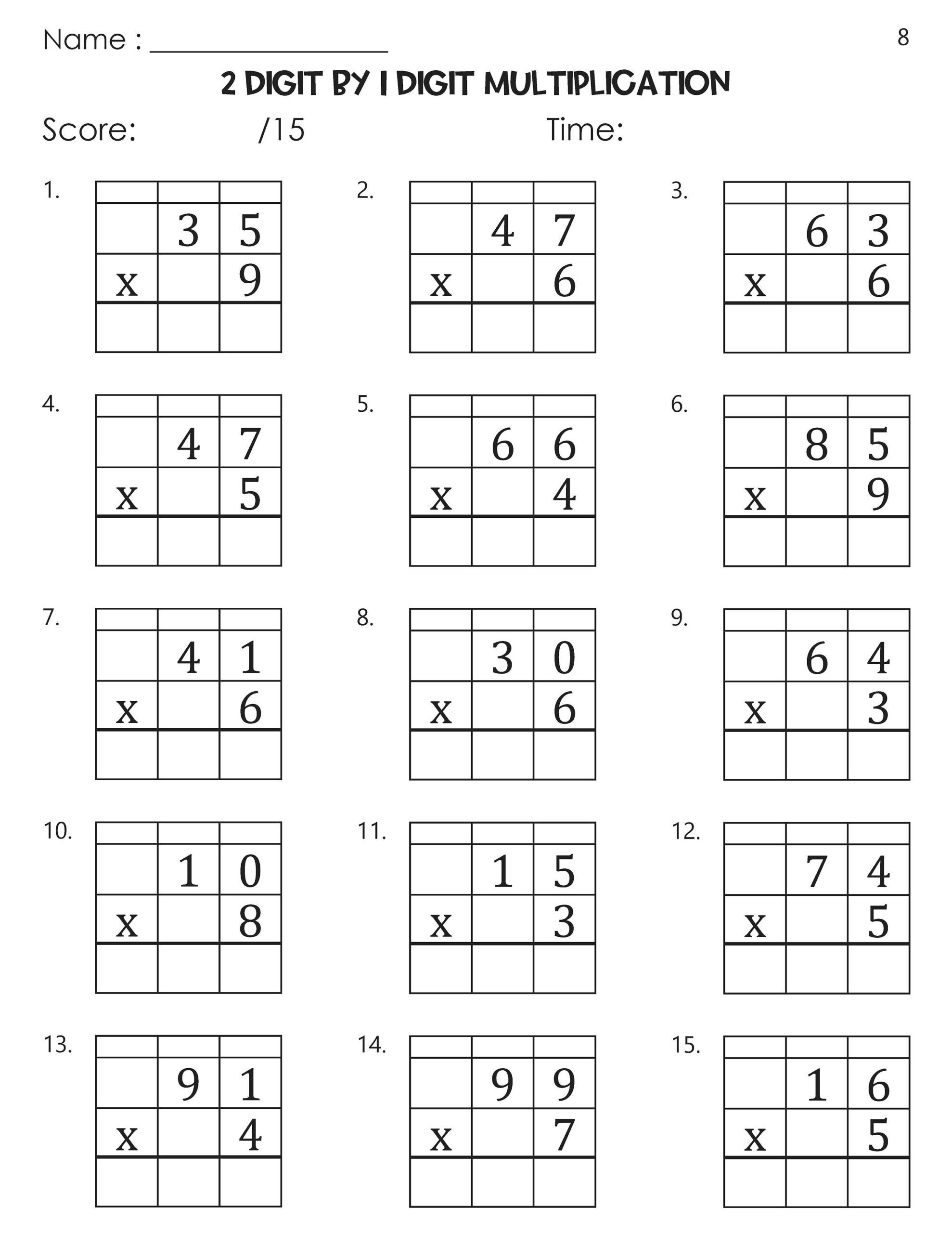 2 Digit By 1 Digit Multiplication With Grid Worksheets Etsy