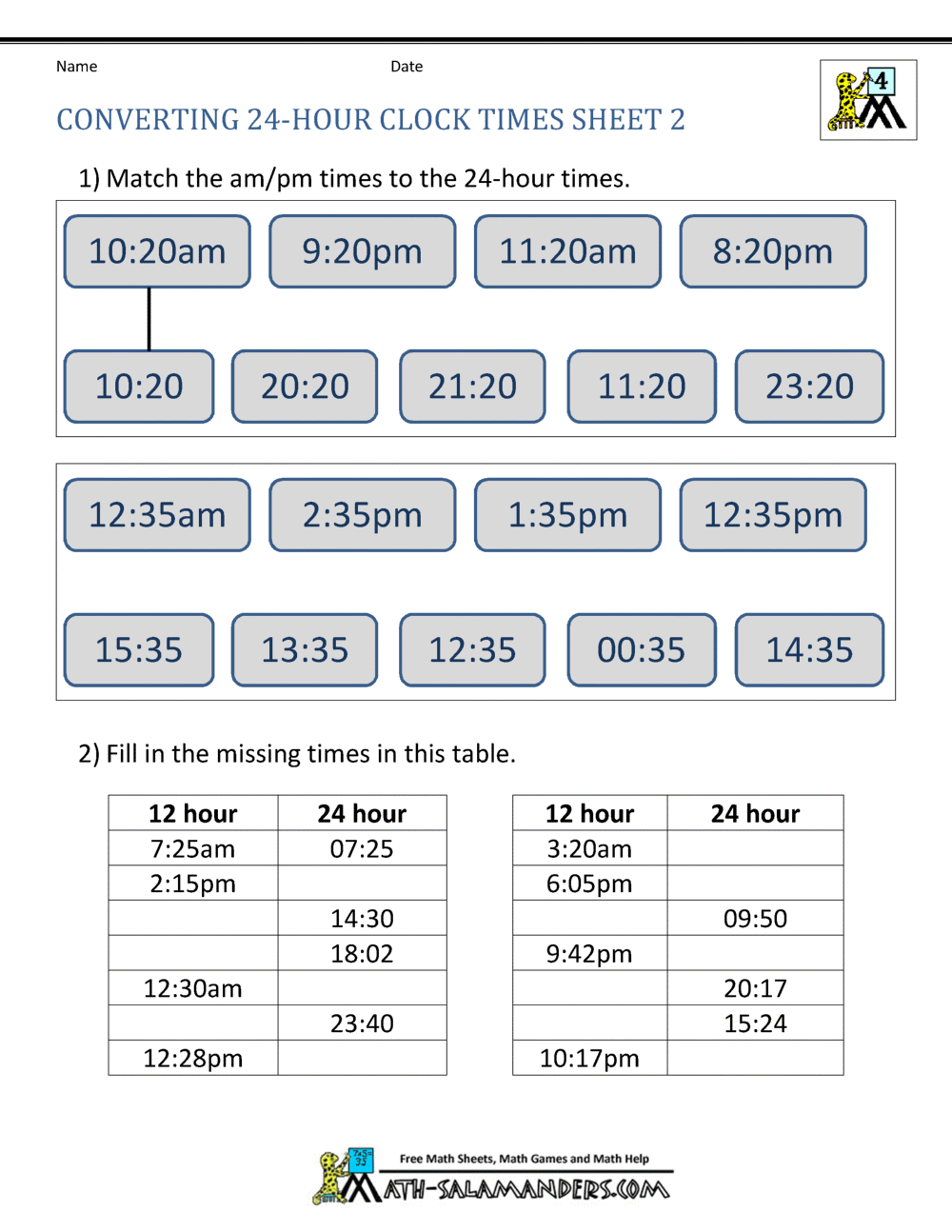 24 Hour Clock Conversion Worksheets 24 Hour Clock Conversion Worksheets