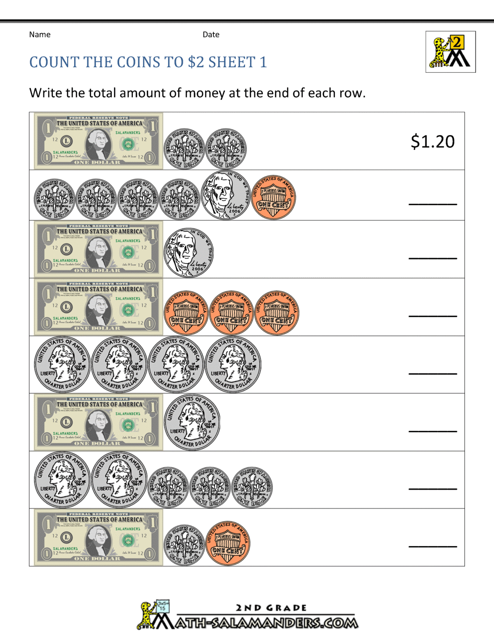 2nd Grade Money Worksheets Up To 2 Free Counting Money And Coins Worksheets Teach Prints