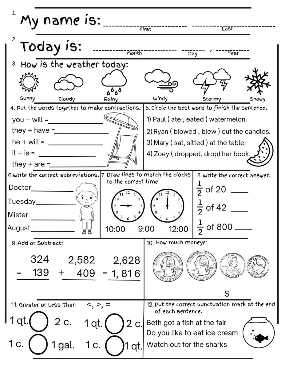 2nd Grade Summer Review Worksheets Math Language Digital Download Etsy