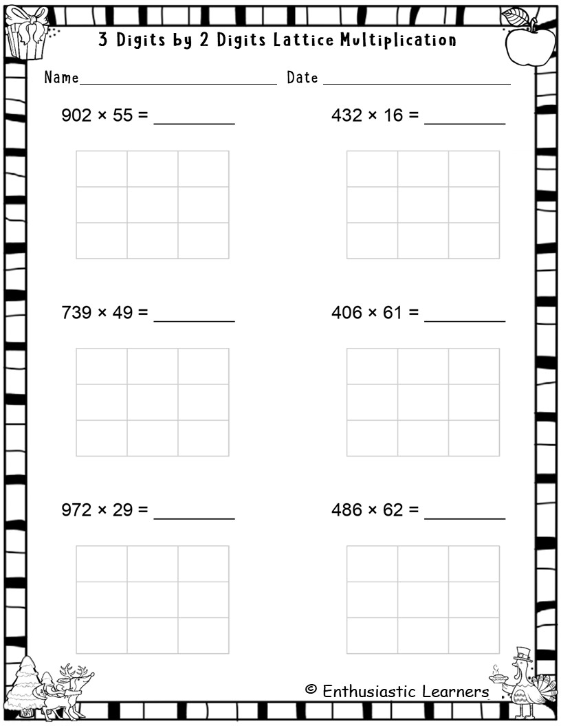 3 Digit By 2 Digit Lattice Multiplication Method Worksheets Math Problems Teaching Resources