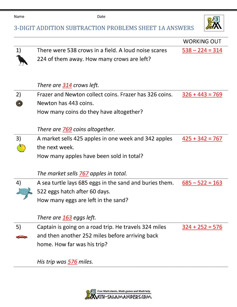 Word Problems Involving Addition And Subtraction Grade1to6