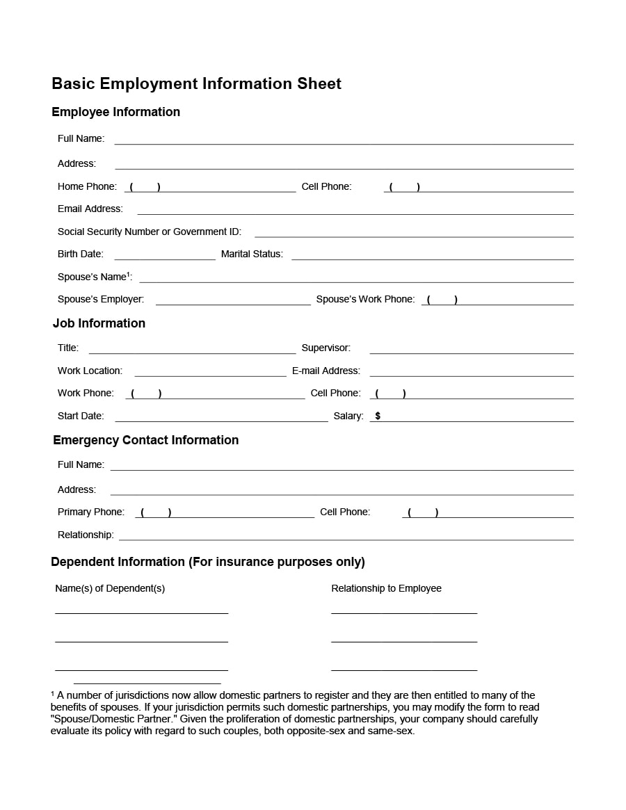 47 Printable Employee Information Forms Personnel Information Sheets