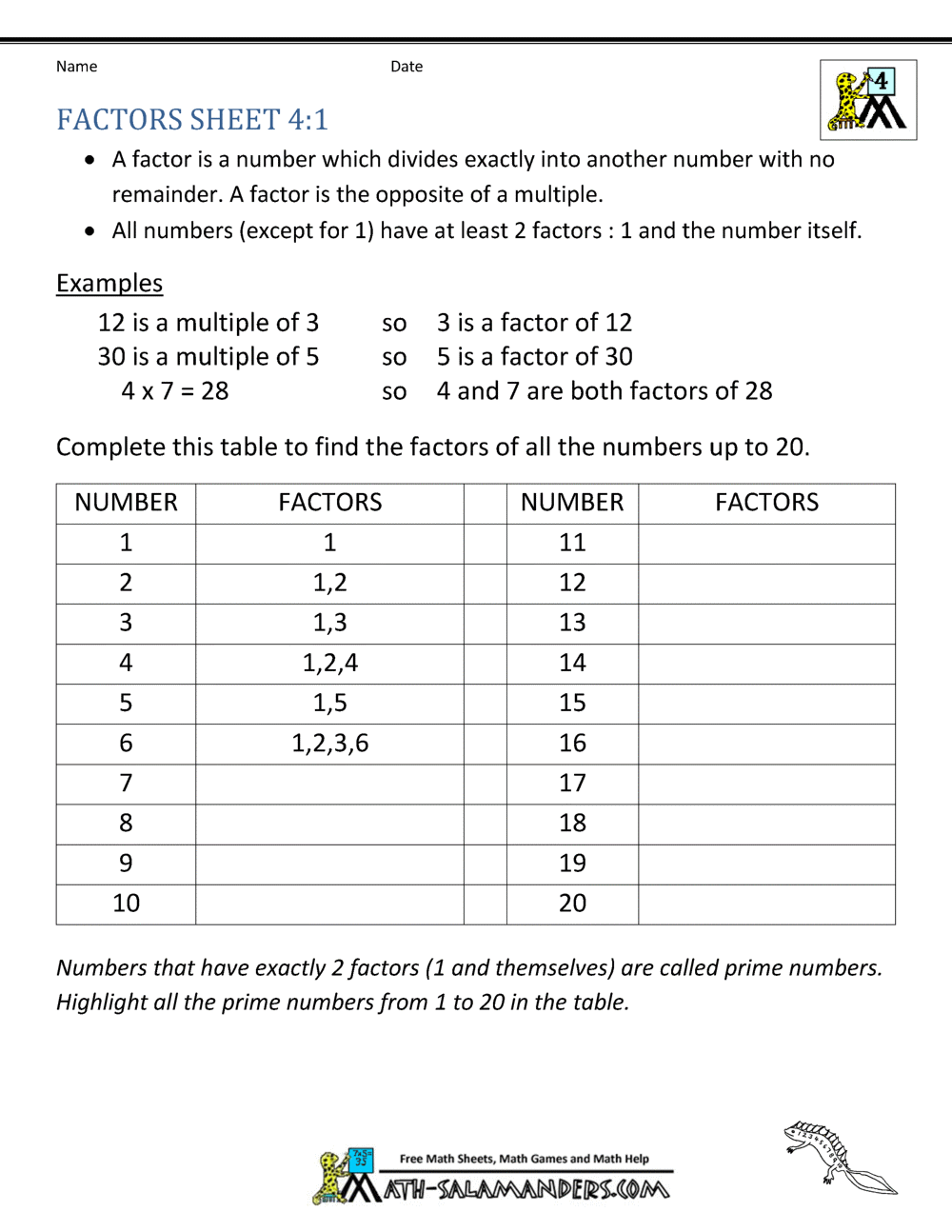 4th Grade Math Practice Multiples Factors And Inequalities Determining Factors And Multiples Worksheet Download