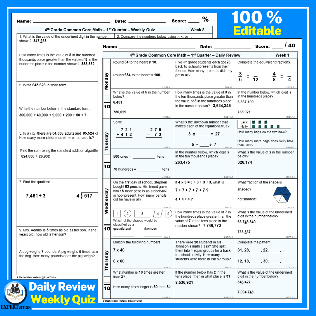 4th Grade Math Spiral Review Worksheets Quarter 1 Made By Teachers 4th Grade Math Spiral Review Worksheets Quarter 1 Made By Teachers