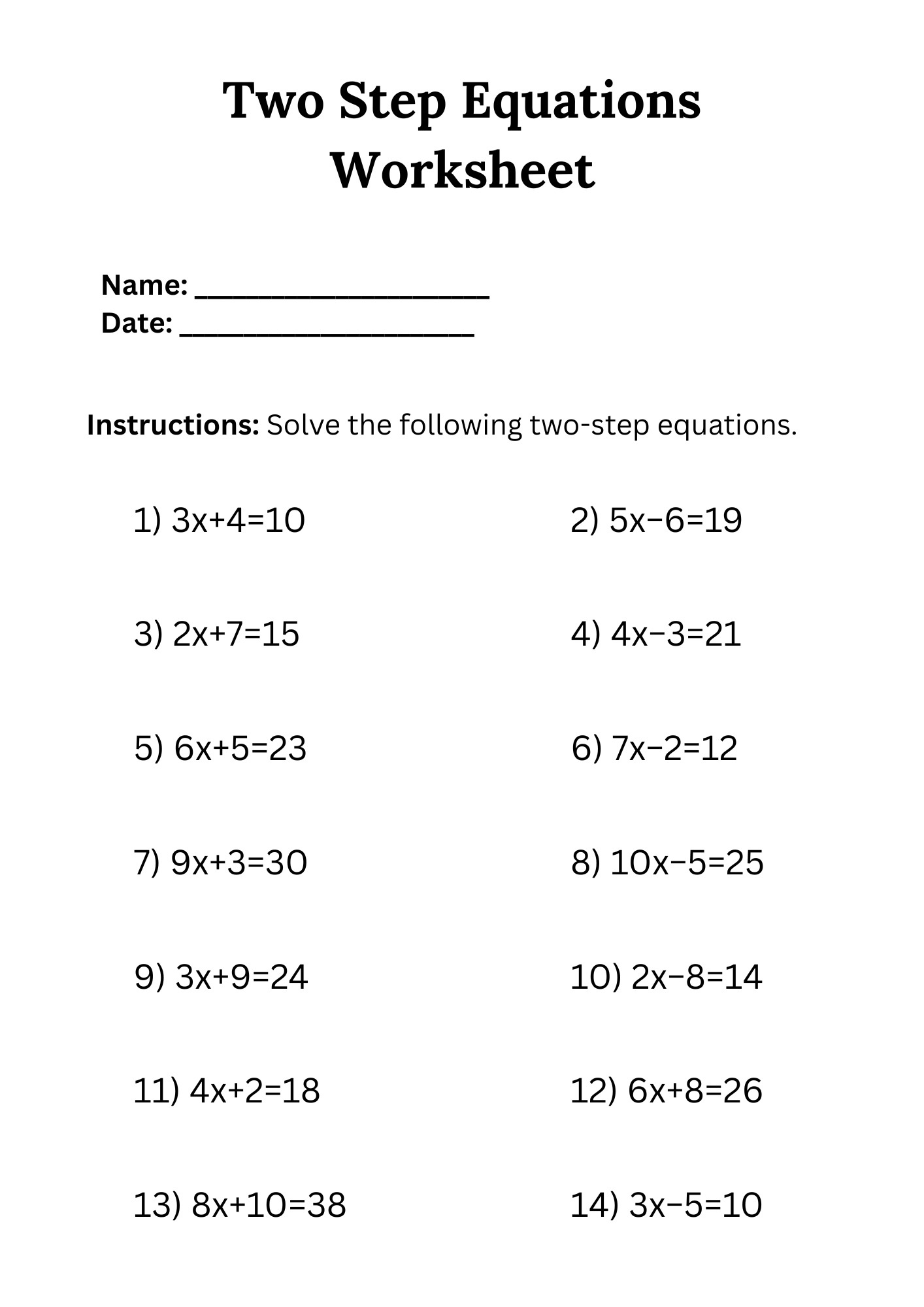 50 Two Step Equations Worksheet Samples To Download In PDF