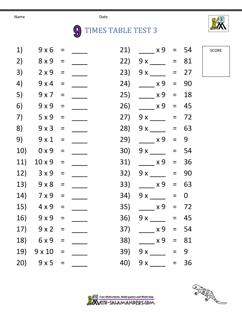 9 Times Table Worksheets 9 Times Table Worksheets