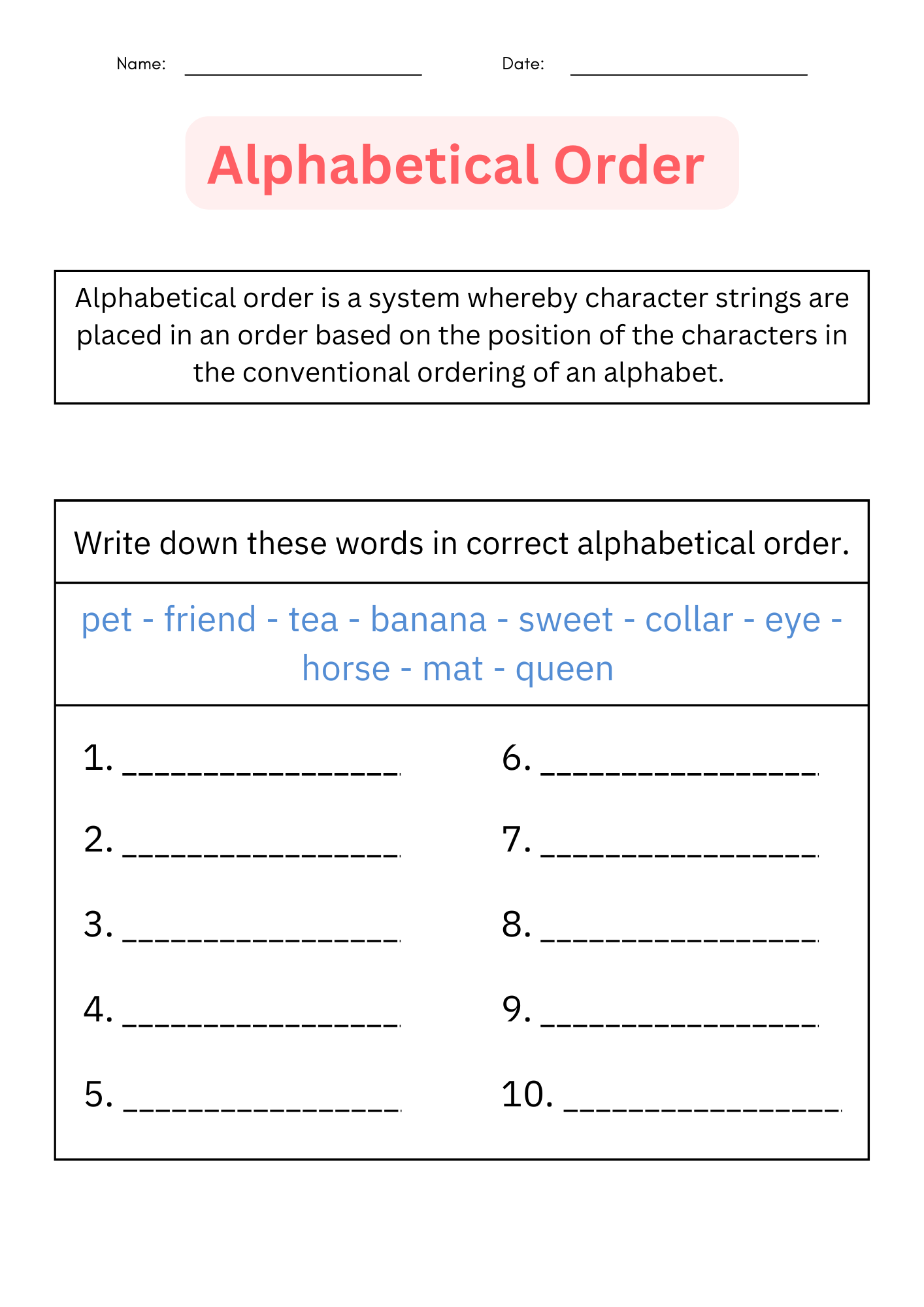 ABC Order Printable Alphabetical Order Worksheets For 1st L 2nd L 3rd Made By Teachers