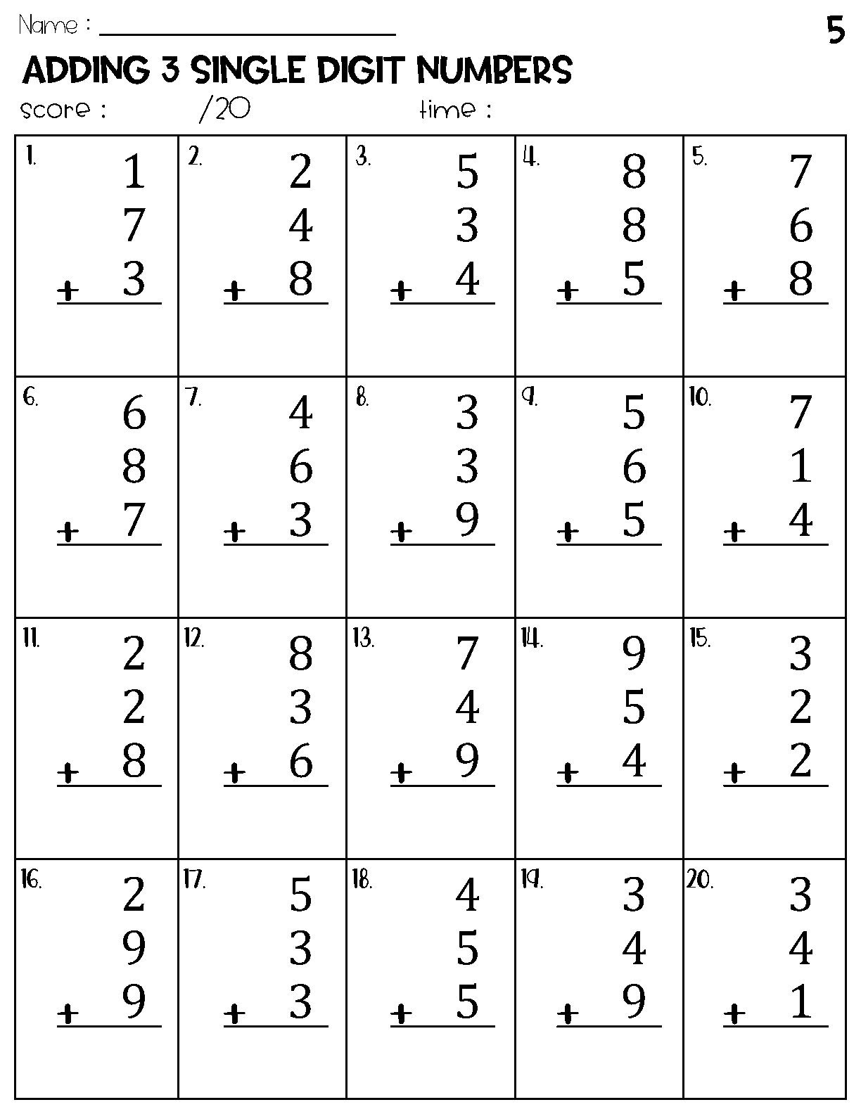 Adding 3 Single Digit Numbers Worksheets Math Timed Test Addition Etsy Ireland