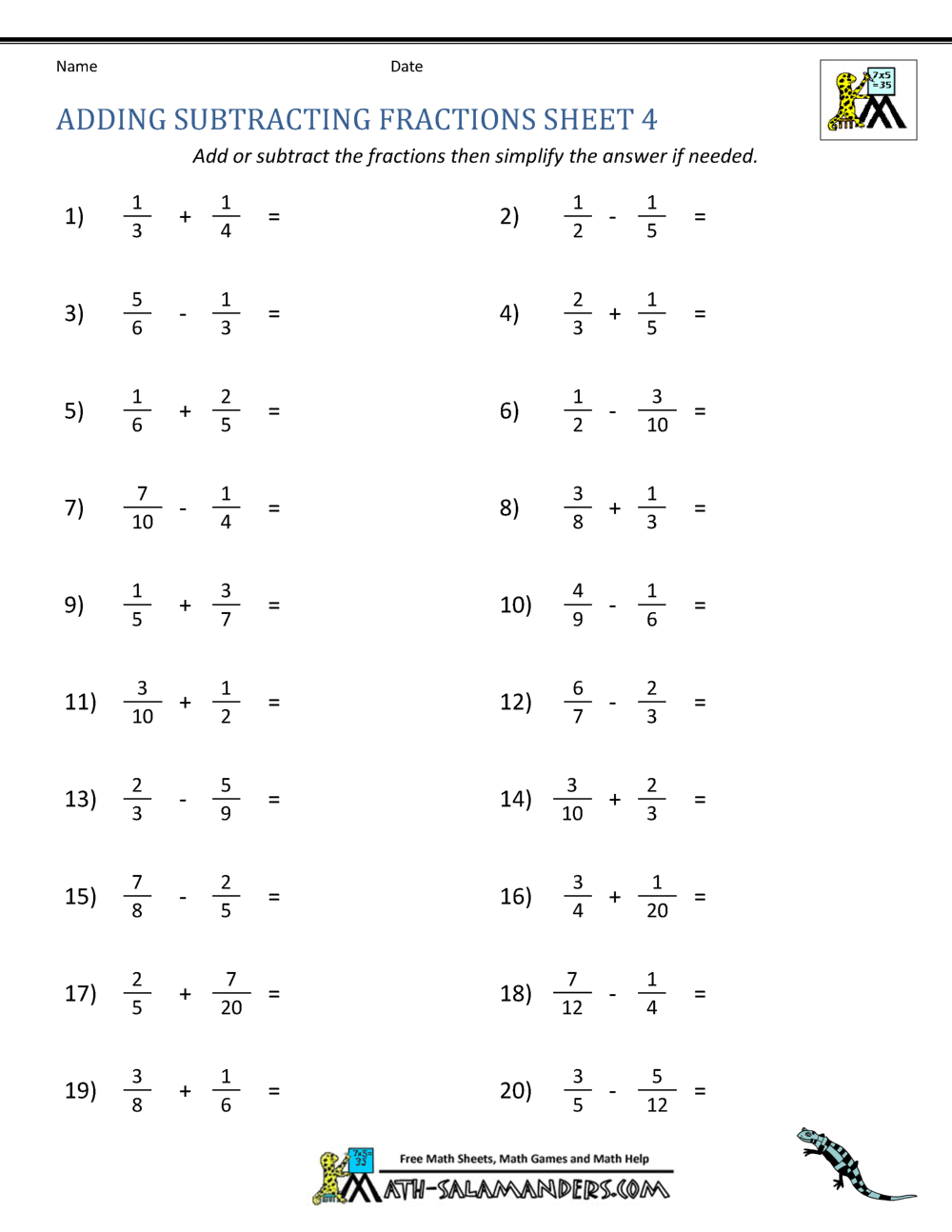 Adding Subtracting Fractions Worksheets