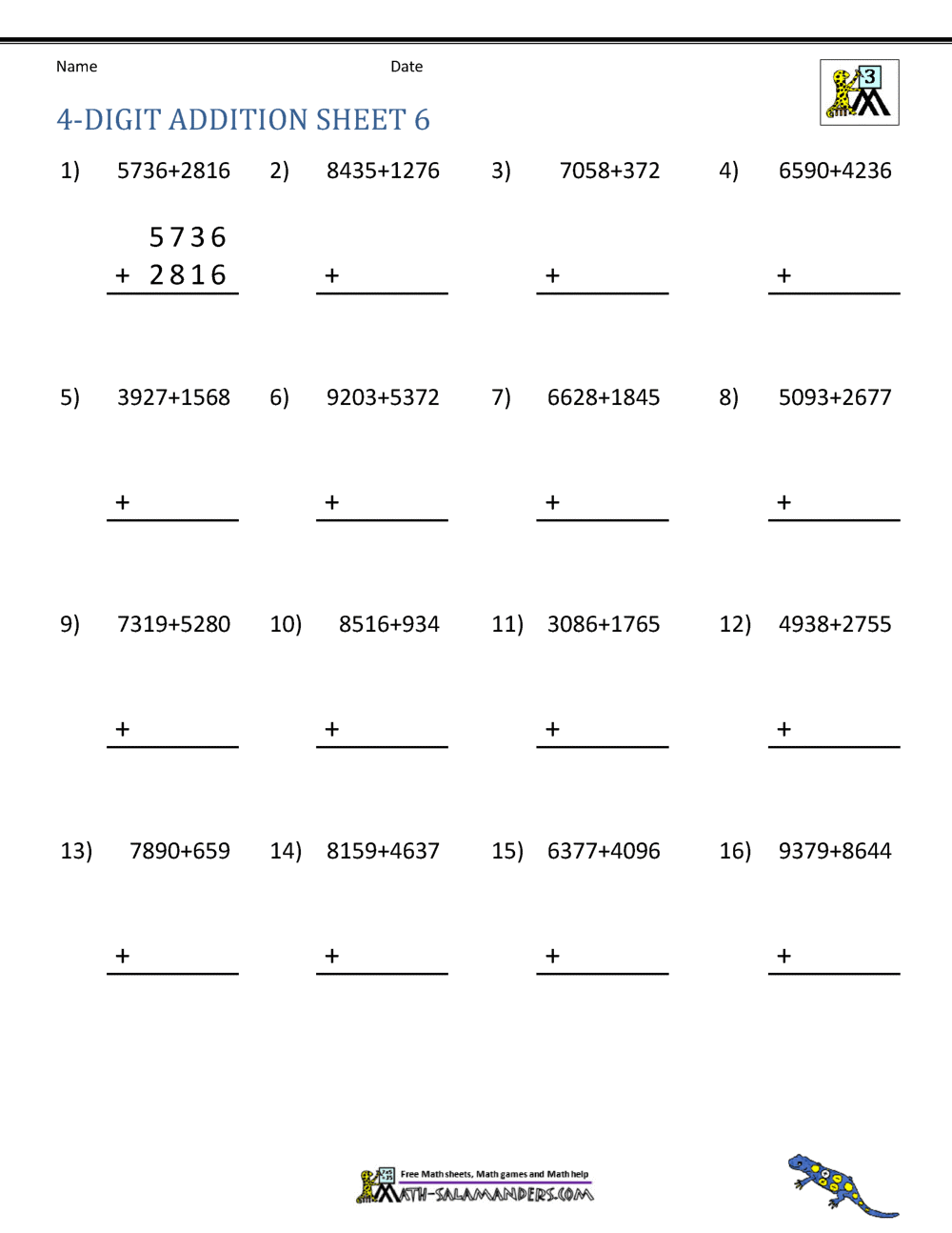 Addition 4 Digit Worksheets 3rd Grade
