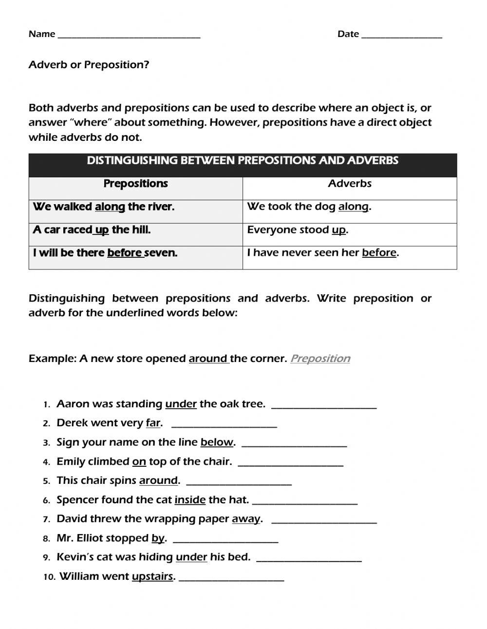 Adverb Or Preposition Online Exercise For Worksheets Library