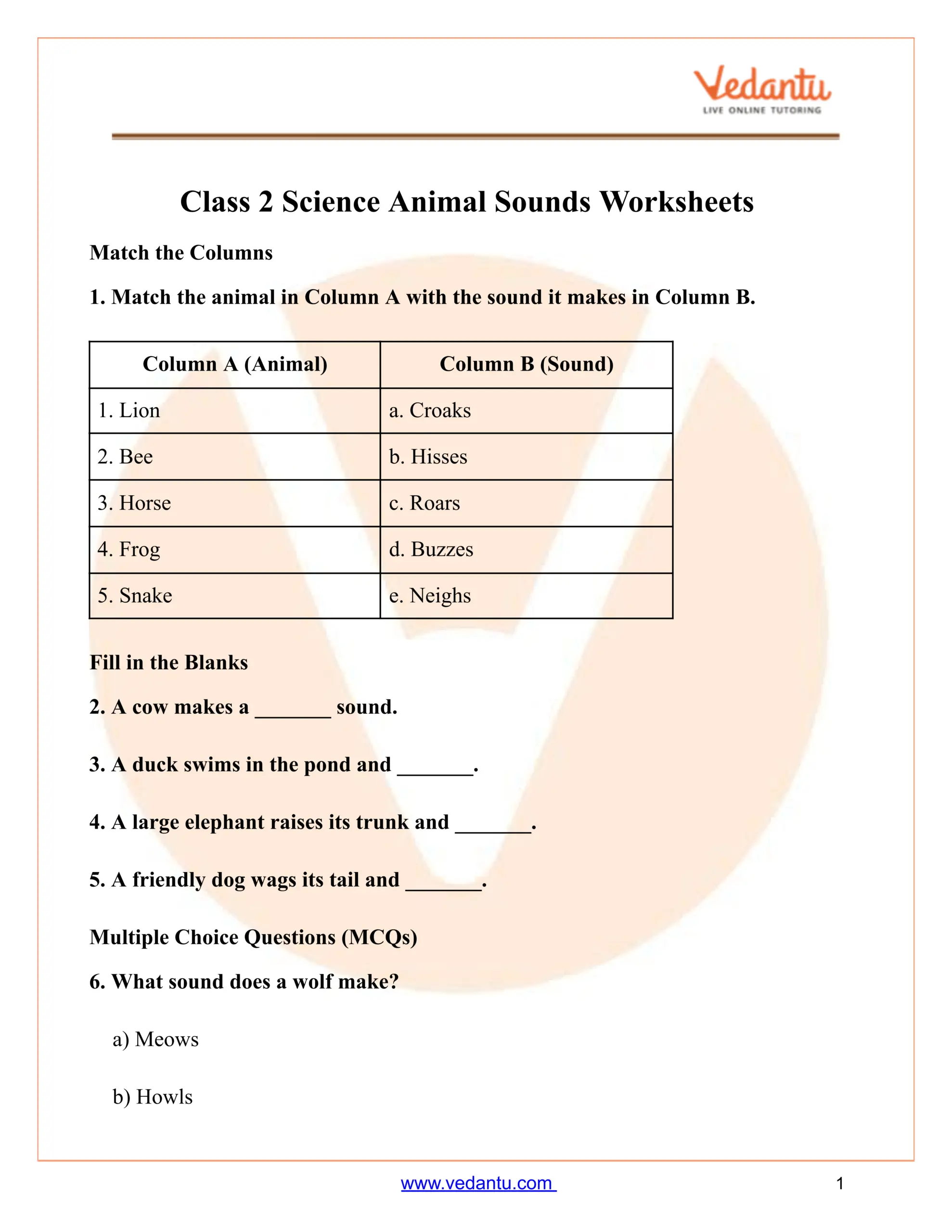 Animal Sounds Worksheet For Class 2 Science Free PDF Animal Sounds Worksheet For Class 2 Science Free PDF