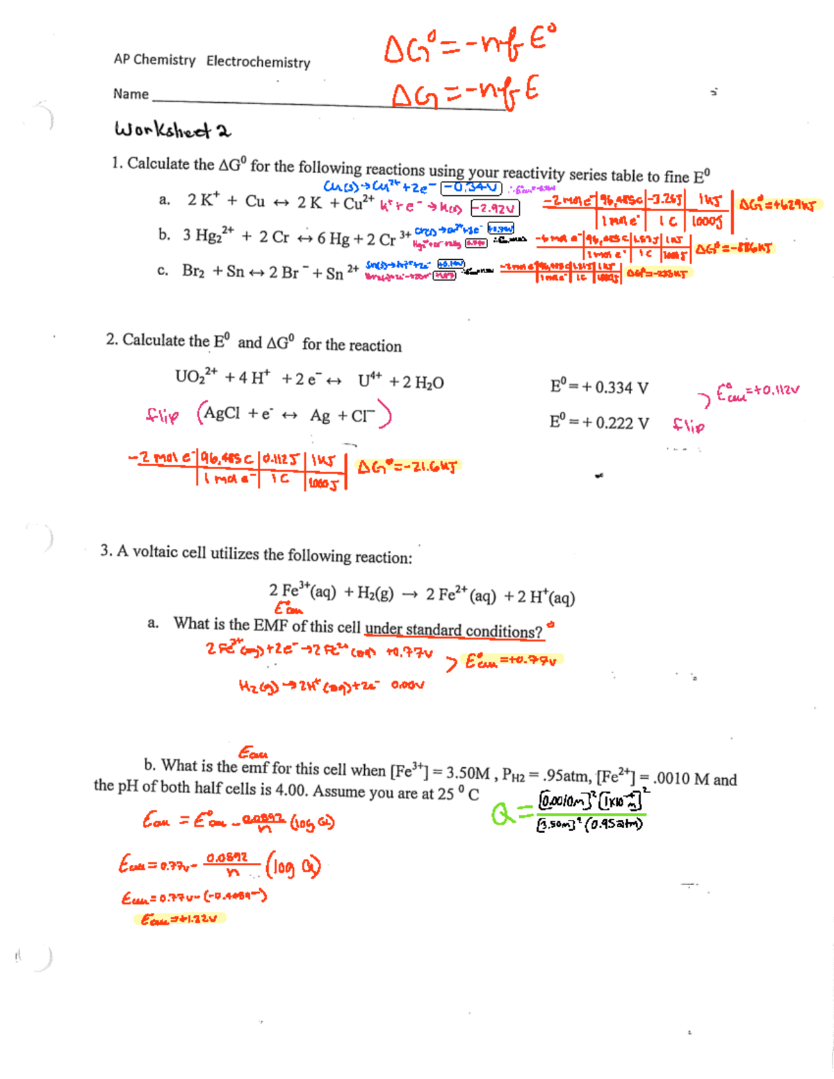 AP Chemistry Electrochemistry FRQ Practice Worksheet Studocu