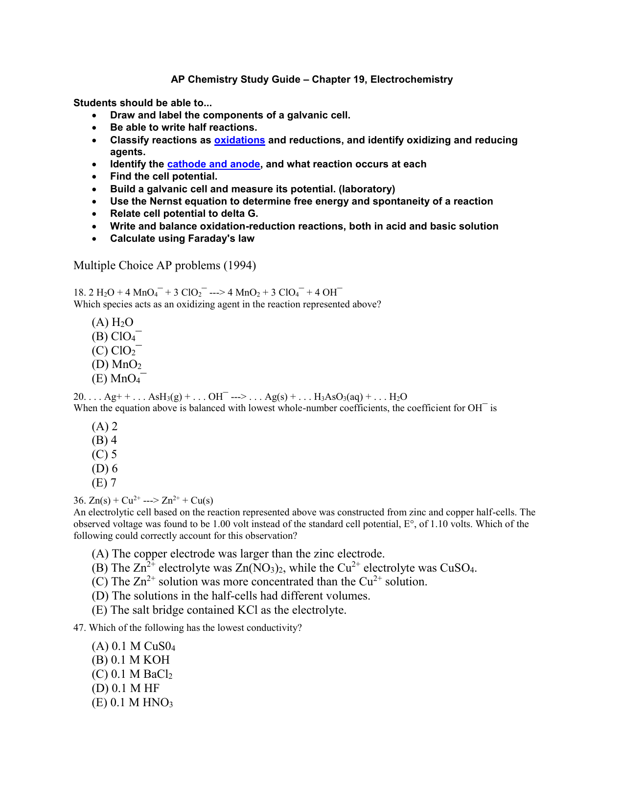 AP Chemistry Electrochemistry Study Guide Practice Problems