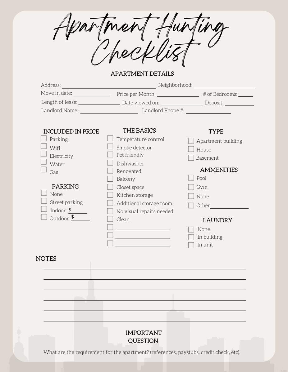 Apartment Hunting Checklist Neutral PDF Printable Instant Download Etsy Finding An Apartment Worksheet WordMint
