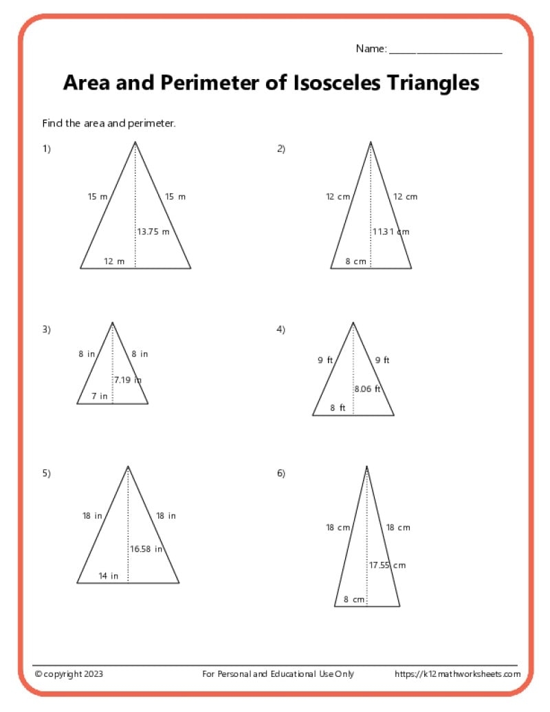 Area And Perimeter Of Triangles K12 Math Worksheets Area And Perimeter Of Triangles K12 Math Worksheets