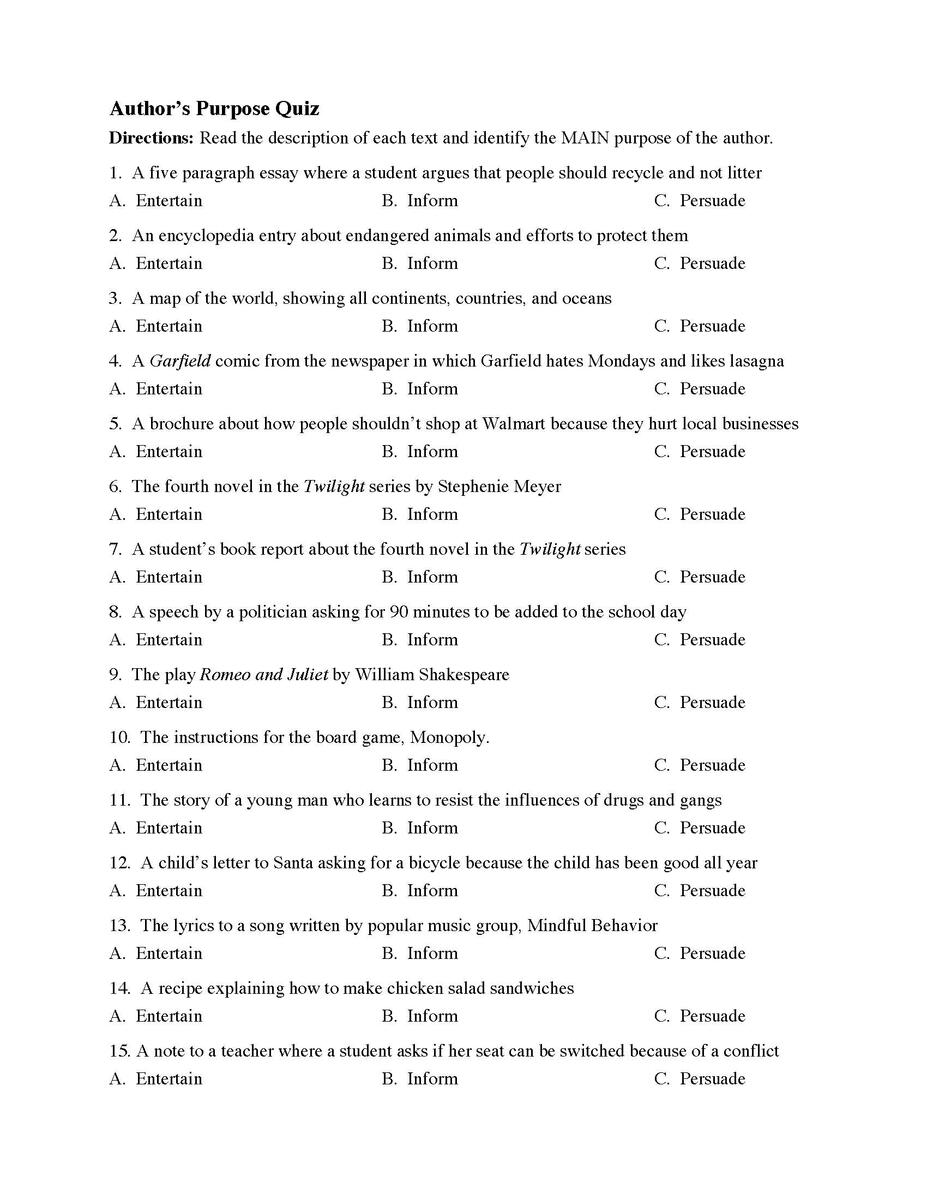 Author S Purpose Worksheets Reading Skills Author S Purpose Worksheets Reading Skills