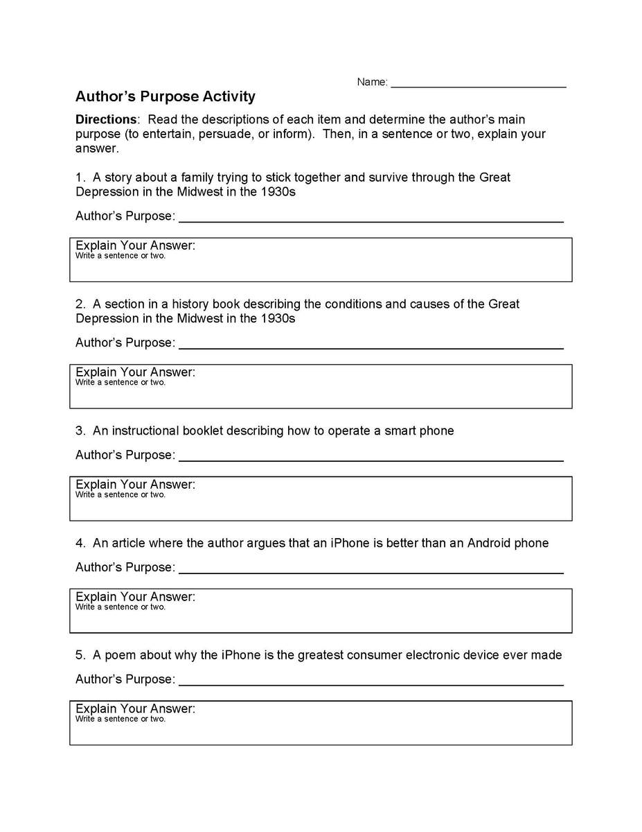 Author S Purpose Worksheets Reading Skills Author S Purpose Worksheets Reading Skills