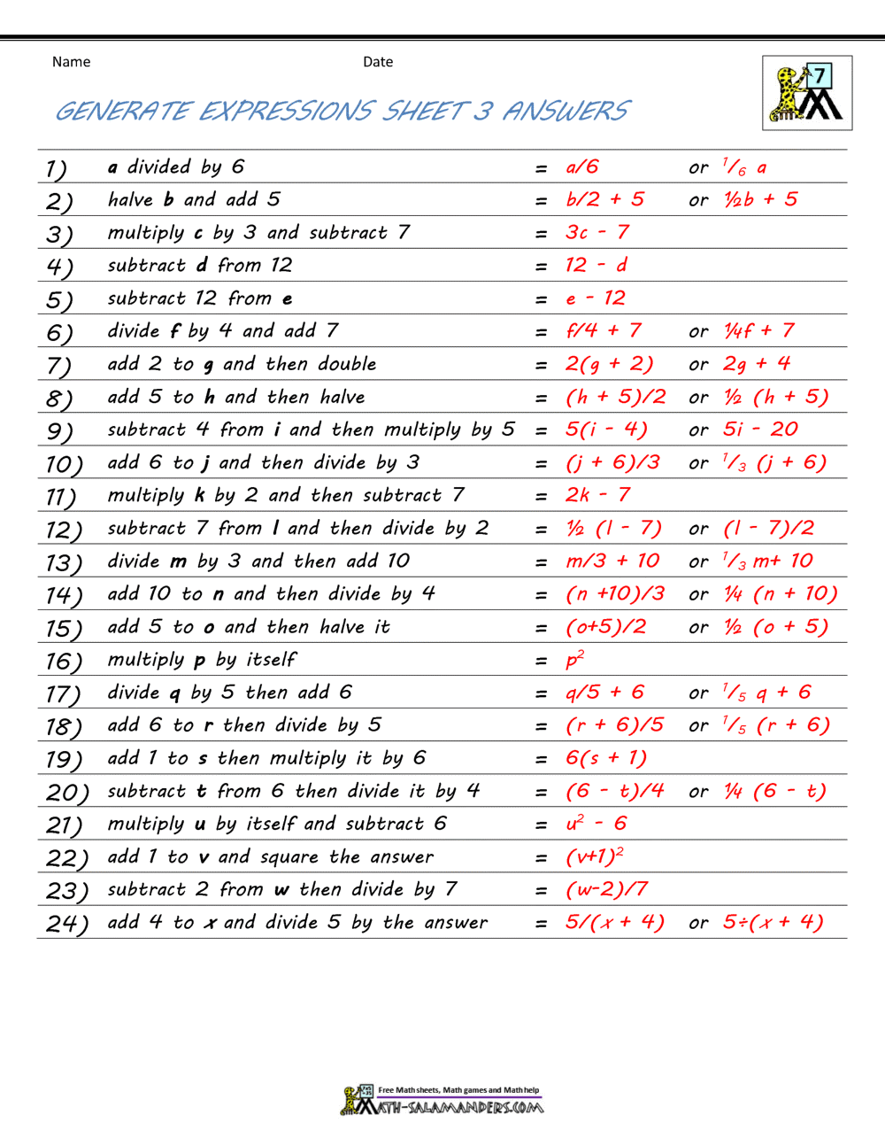 Basic Algebra Worksheets Basic Algebra Worksheets