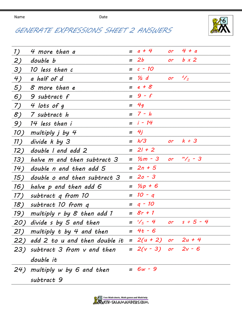 Basic Algebra Worksheets Algebraic Expressions Worksheets Evaluating One Variable Worksheets 2 3 Terms Made By Teachers