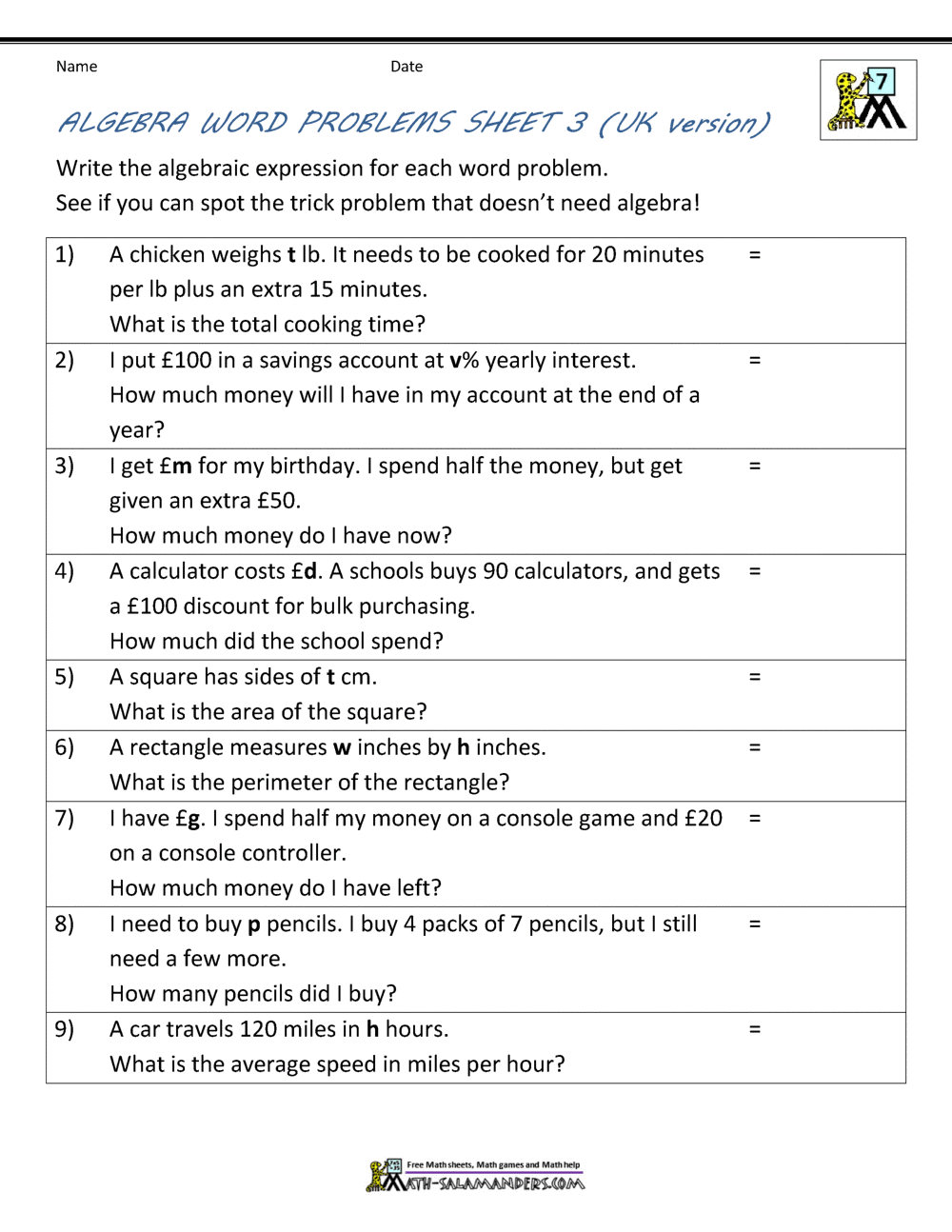 Algebraic Expressions And Word Problems Examples Solutions Videos Worksheets Games Activities