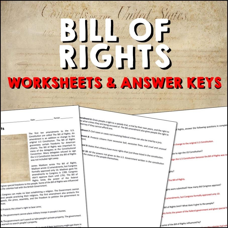 Bill Of Rights US Constitution Reading Worksheets Answer Keys Homeschool American History Pages For 6 12th Grade Students Lesson Plans Etsy Israel