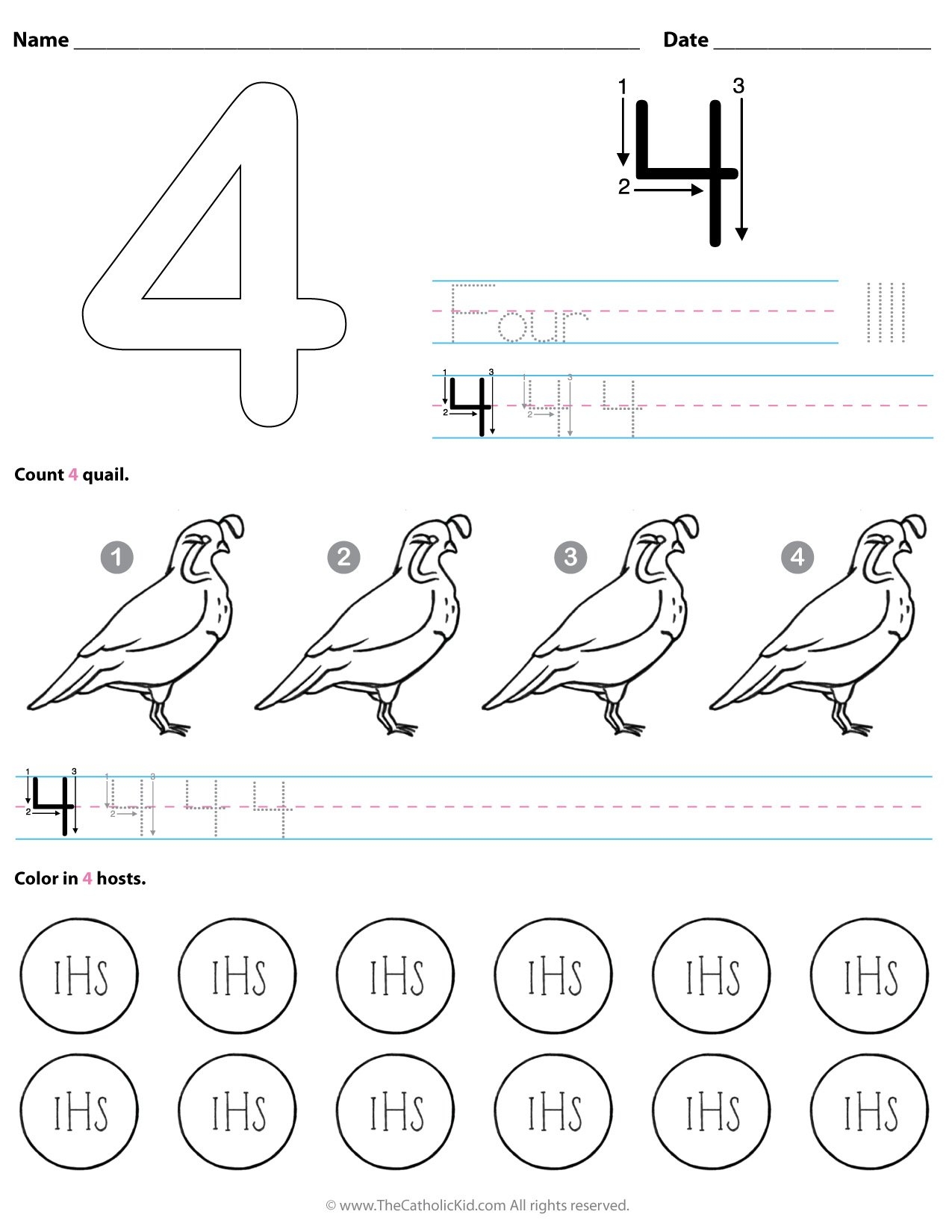 Catholic Number 4 Worksheet Preschool Kindergarten Coloring Page TheCatholicKid