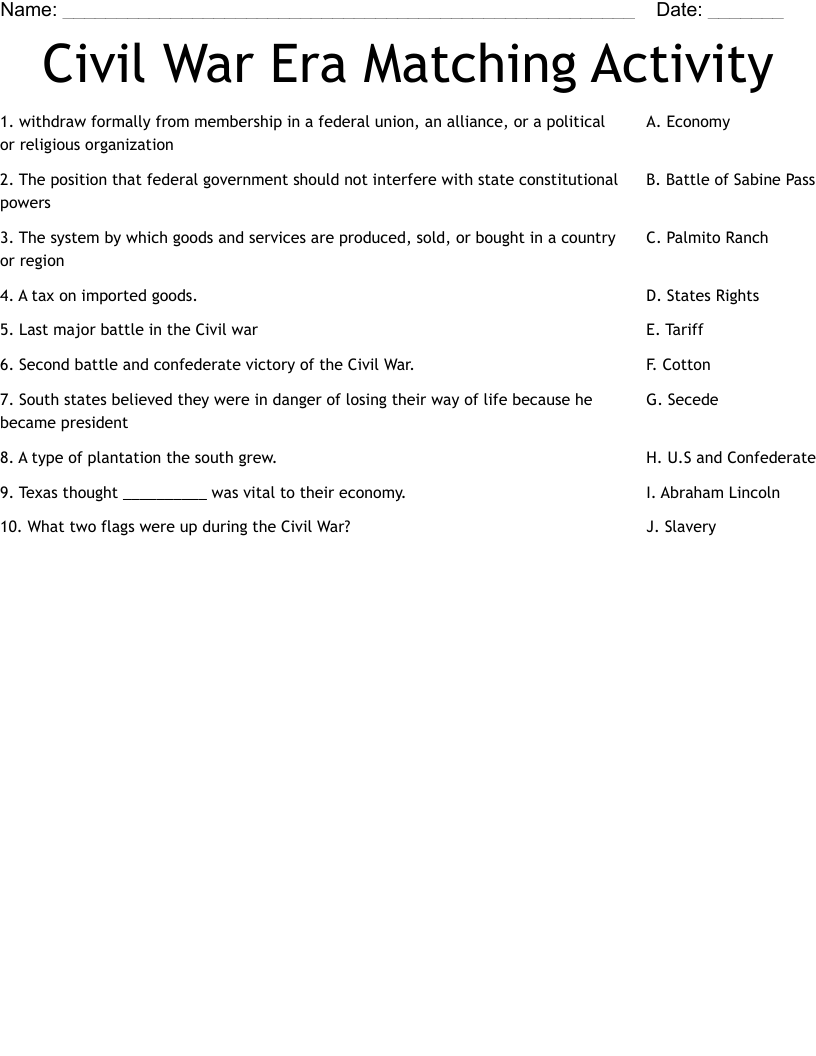 Civil War Era Matching Activity Worksheet WordMint Civil War Era Matching Activity Worksheet WordMint