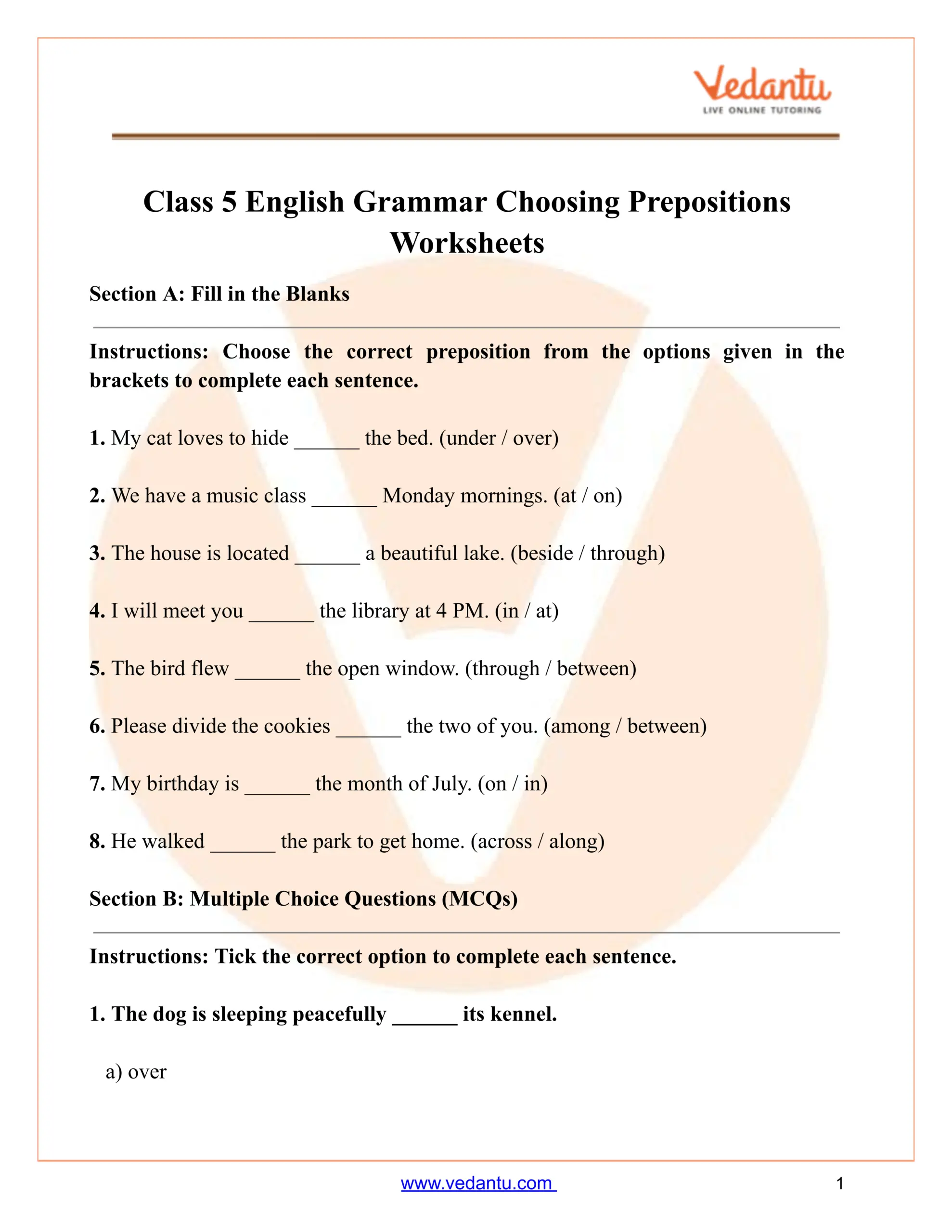 Class 5 English Grammar Choosing Prepositions Worksheet PDF Use The Prepositions Worksheet Have Fun Teaching