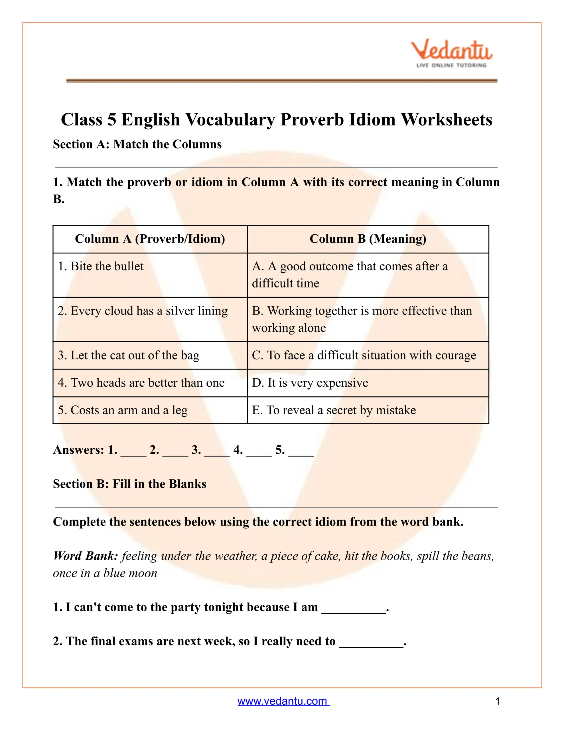 Class 5 Vocabulary Proverb Idiom Worksheet PDF Printable Free