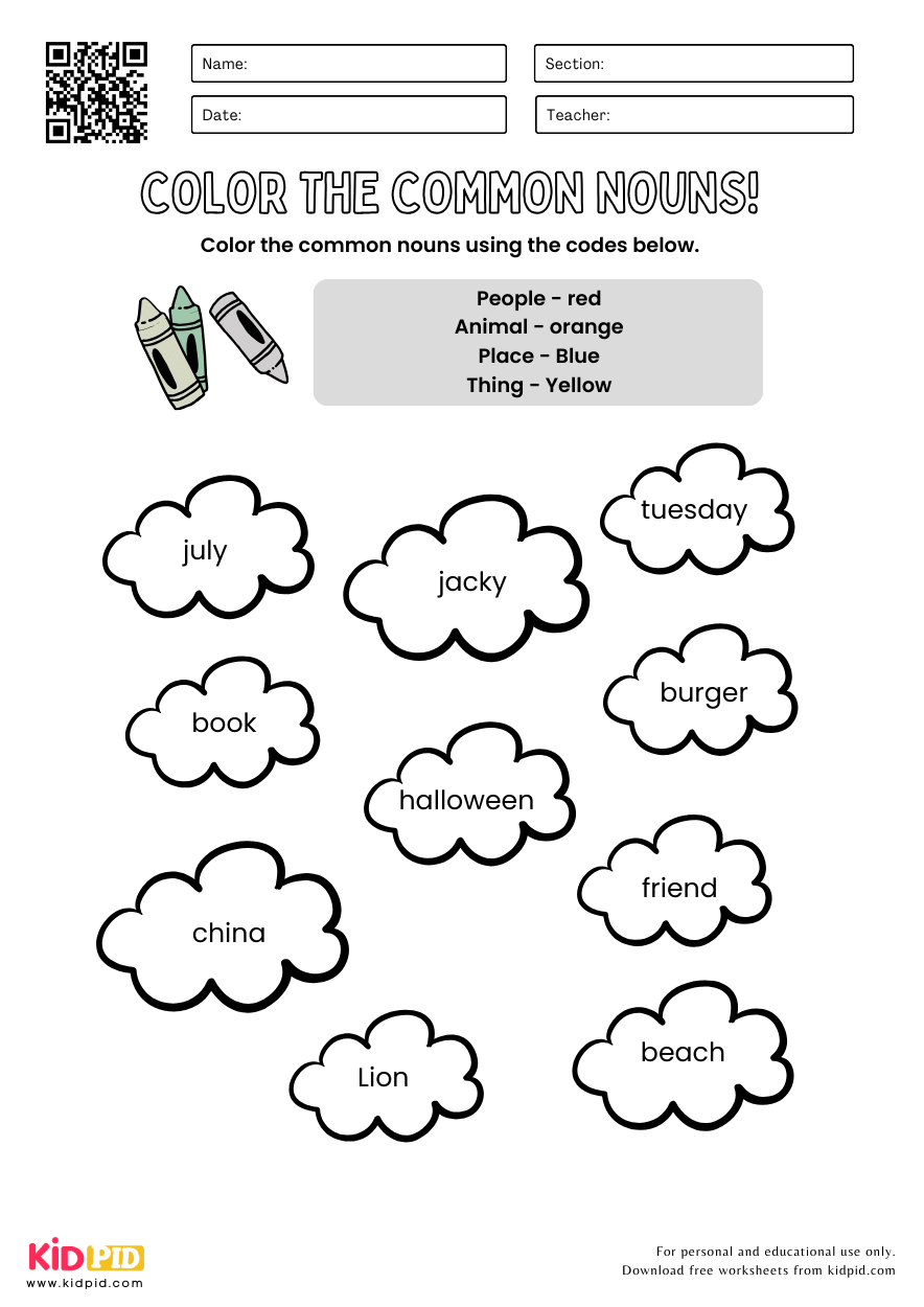 Color The Common Nouns Kidpid Color The Common Noun English Grammar Worksheet Kidpid Worksheets Library