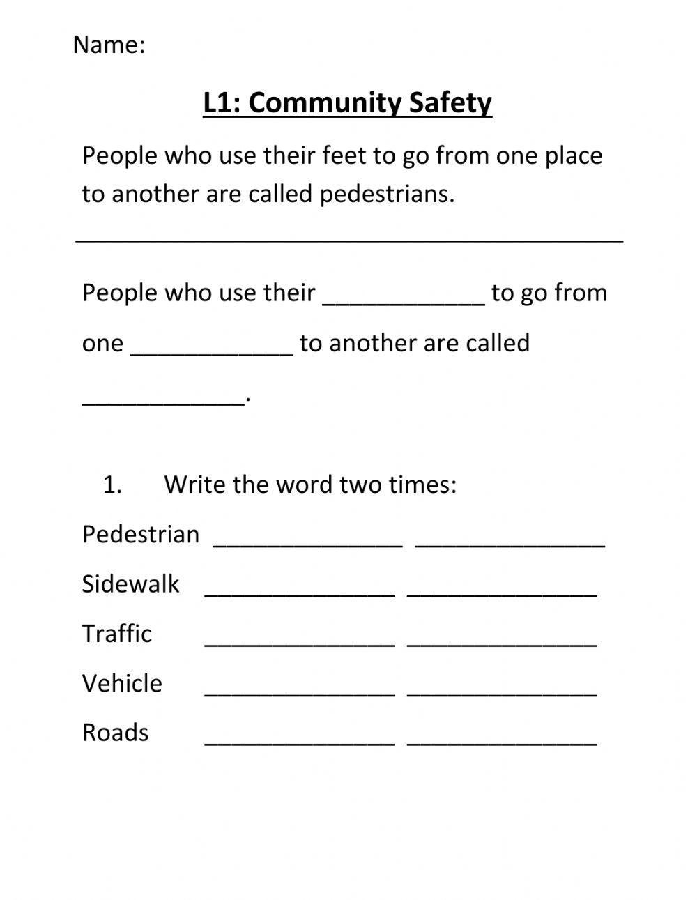 Community Safety Pedestrians Worksheet Worksheets Library