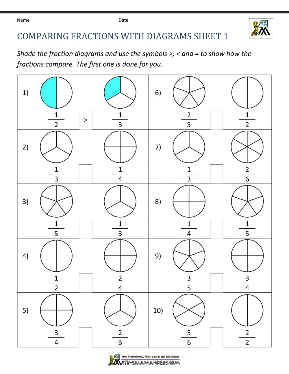Comparing Fractions Worksheet Comparing Fractions Worksheets