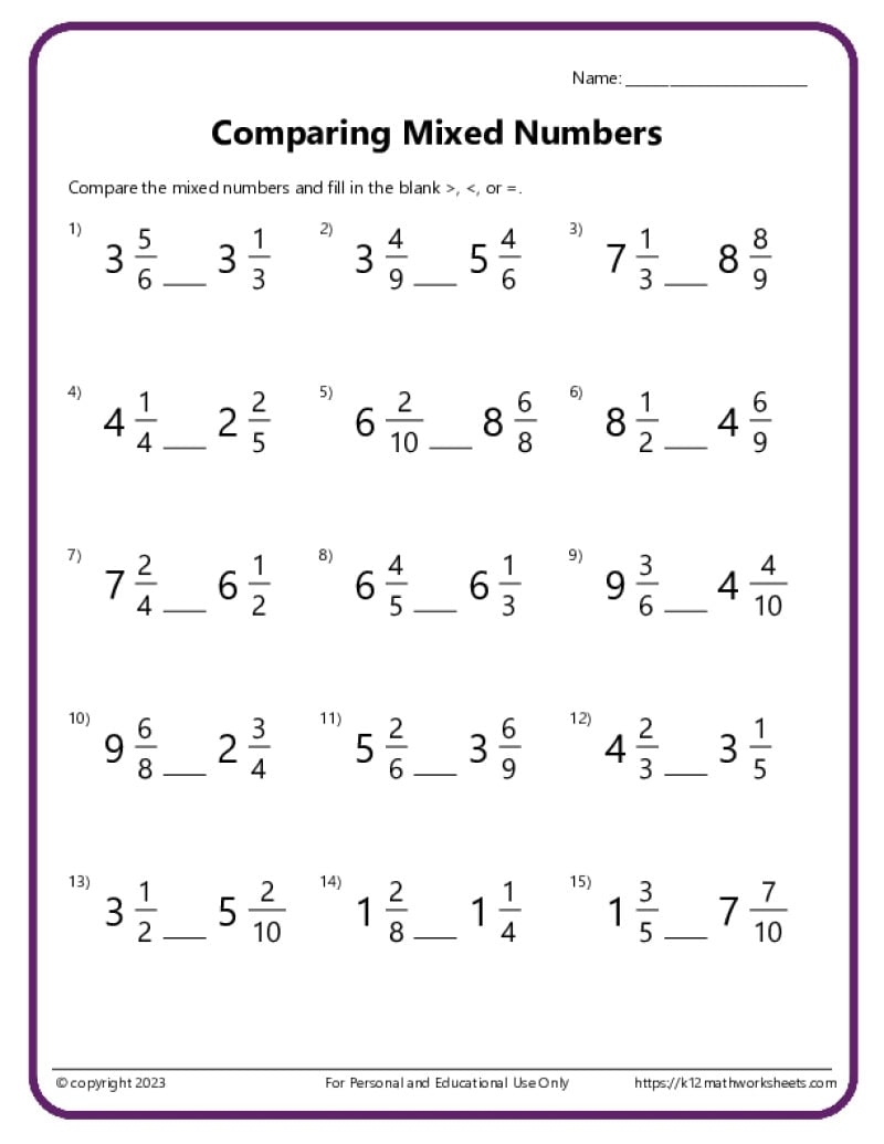 Comparing Fractions Worksheets