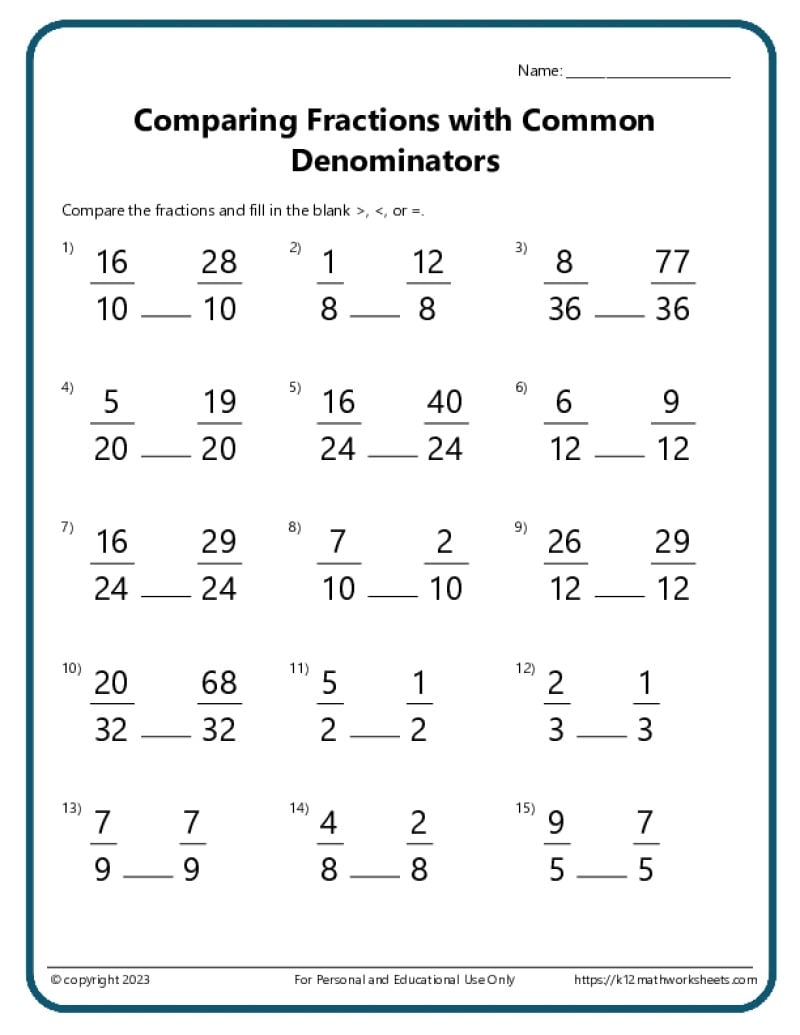 Comparing Fractions Worksheets Comparing Fractions Worksheets