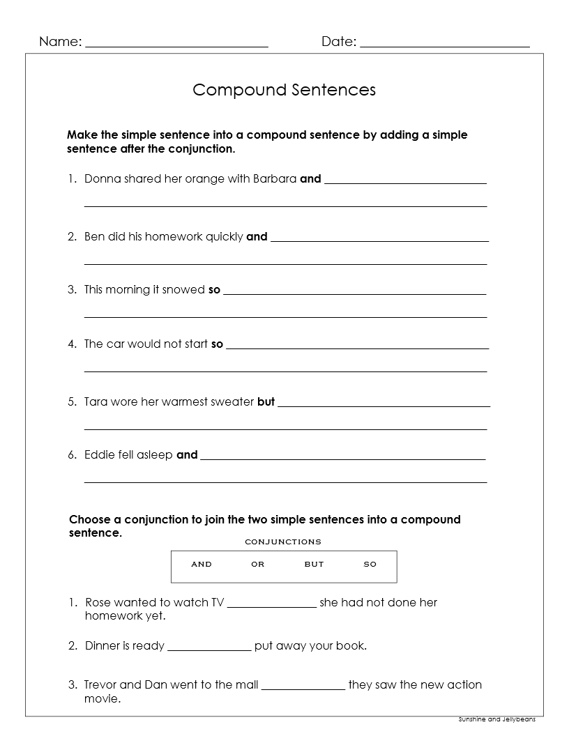 Compound Sentences And Conjunctions Grades 1 2 4 Worksheets CCSS Made By Teachers