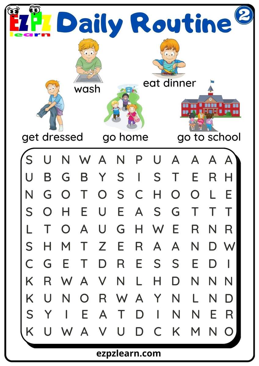 Daily Routines Group 2 Word Search Worksheet For Children And ESL Students Free PDF Download Ezpzlearn Free Daily Routine Worksheets For Beginners Games4esl