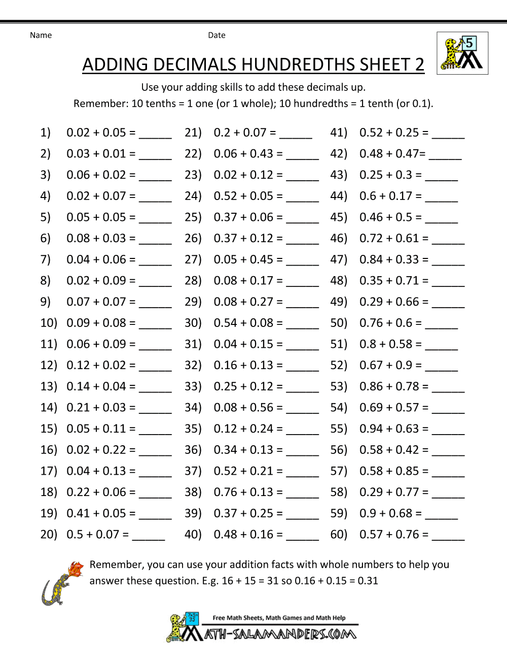 Free Printable Decimals Multiplication Worksheet For Fifth Grade