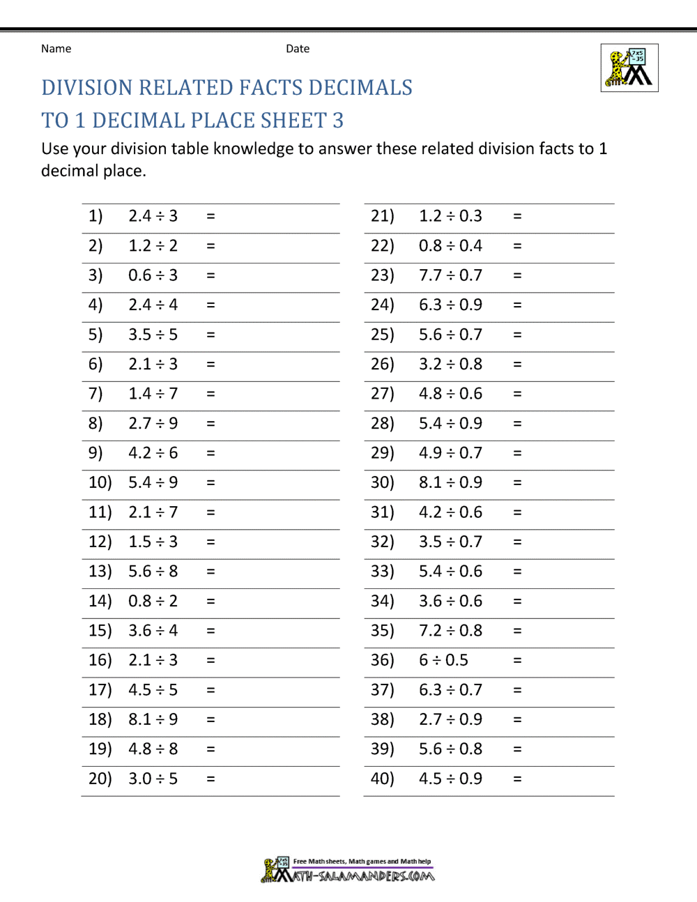 Decimal Division Worksheets