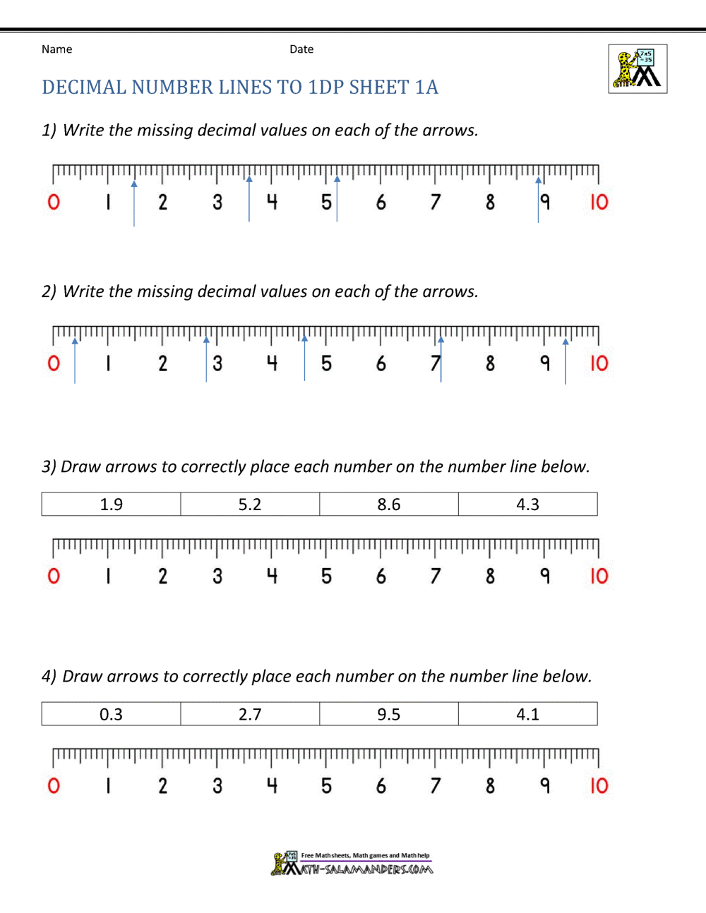 Finding Decimals On A Numberline Worksheet Download