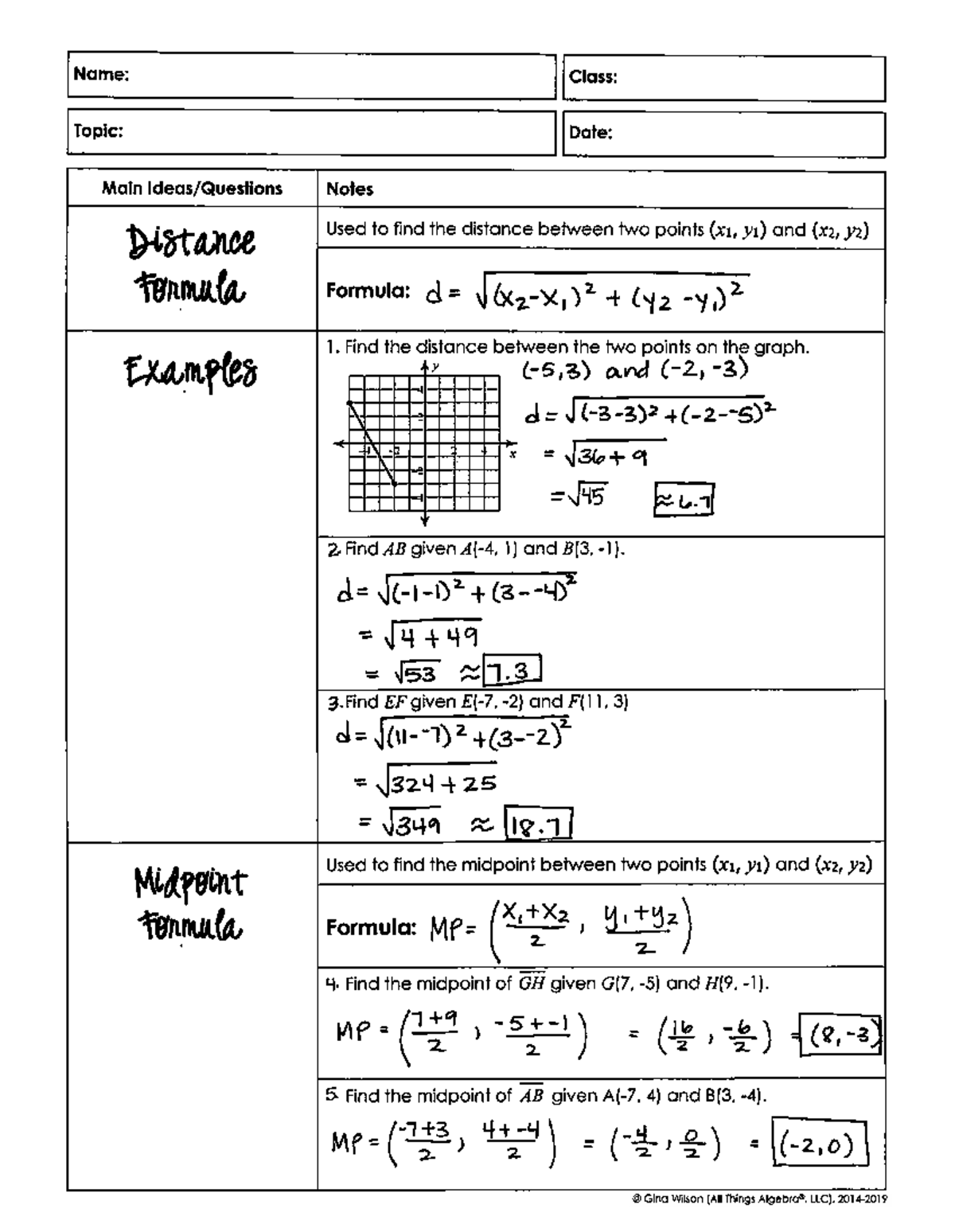 Distance Midpoint Formulas Key Notes For Math Class J349 Studocu