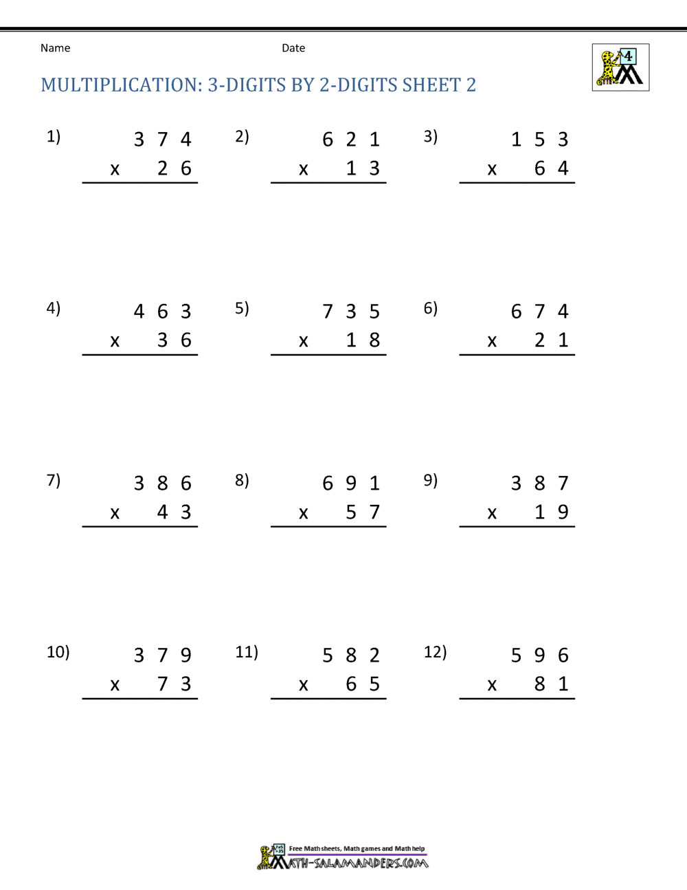 Double Digit Multiplication Worksheets 4th Grade Free 2 Digit By 3 Digit Multiplication Worksheets Teach Prints