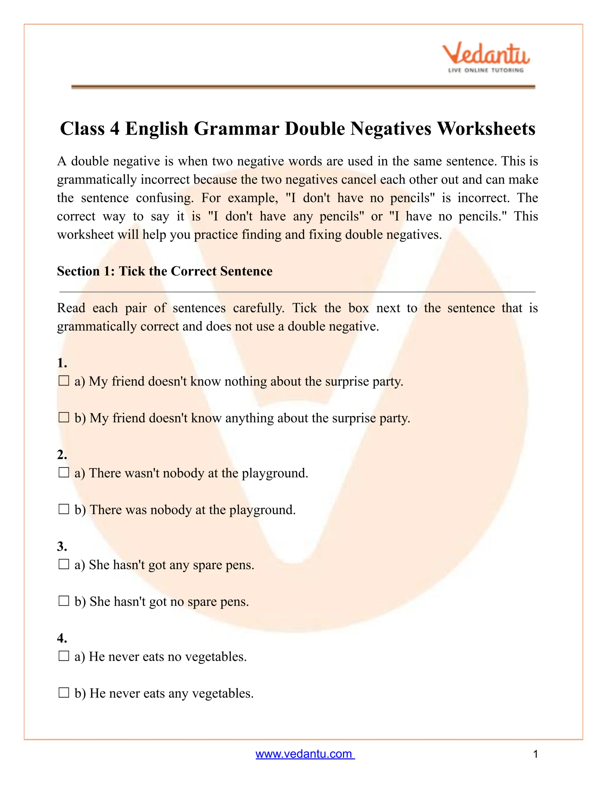 Double Negatives Worksheet For Class 4 Free PDF Practice Double Negatives Worksheet For Class 4 Free PDF Practice