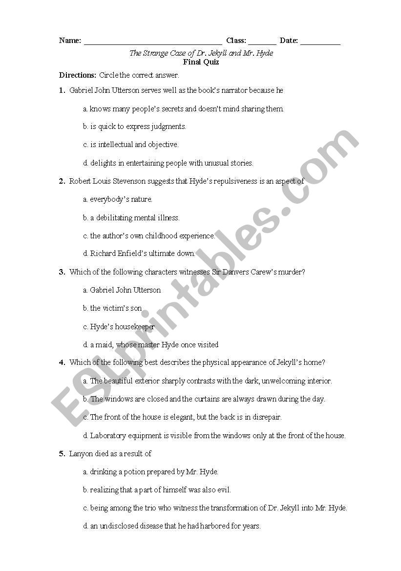 Dr Jekyll And Mr Hyde Final Comprehension Quiz ESL Worksheet By SFWilliamson English Literature Dr Jekyll Mr Hyde Worksheets Made By Teachers