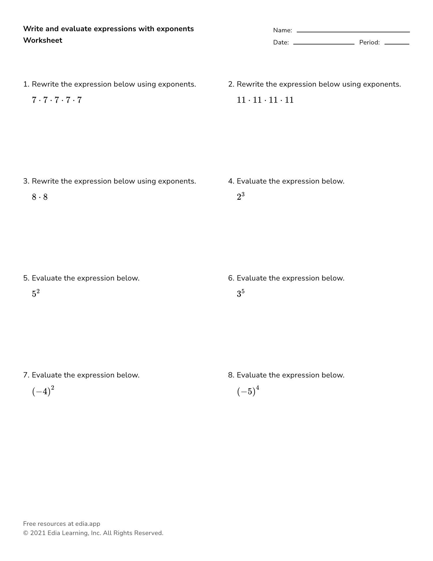 Free Exponents Worksheets